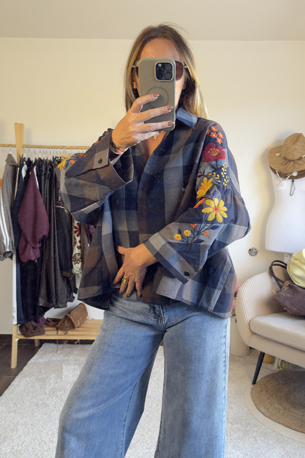Chemise Virginie à carreaux brodée femme