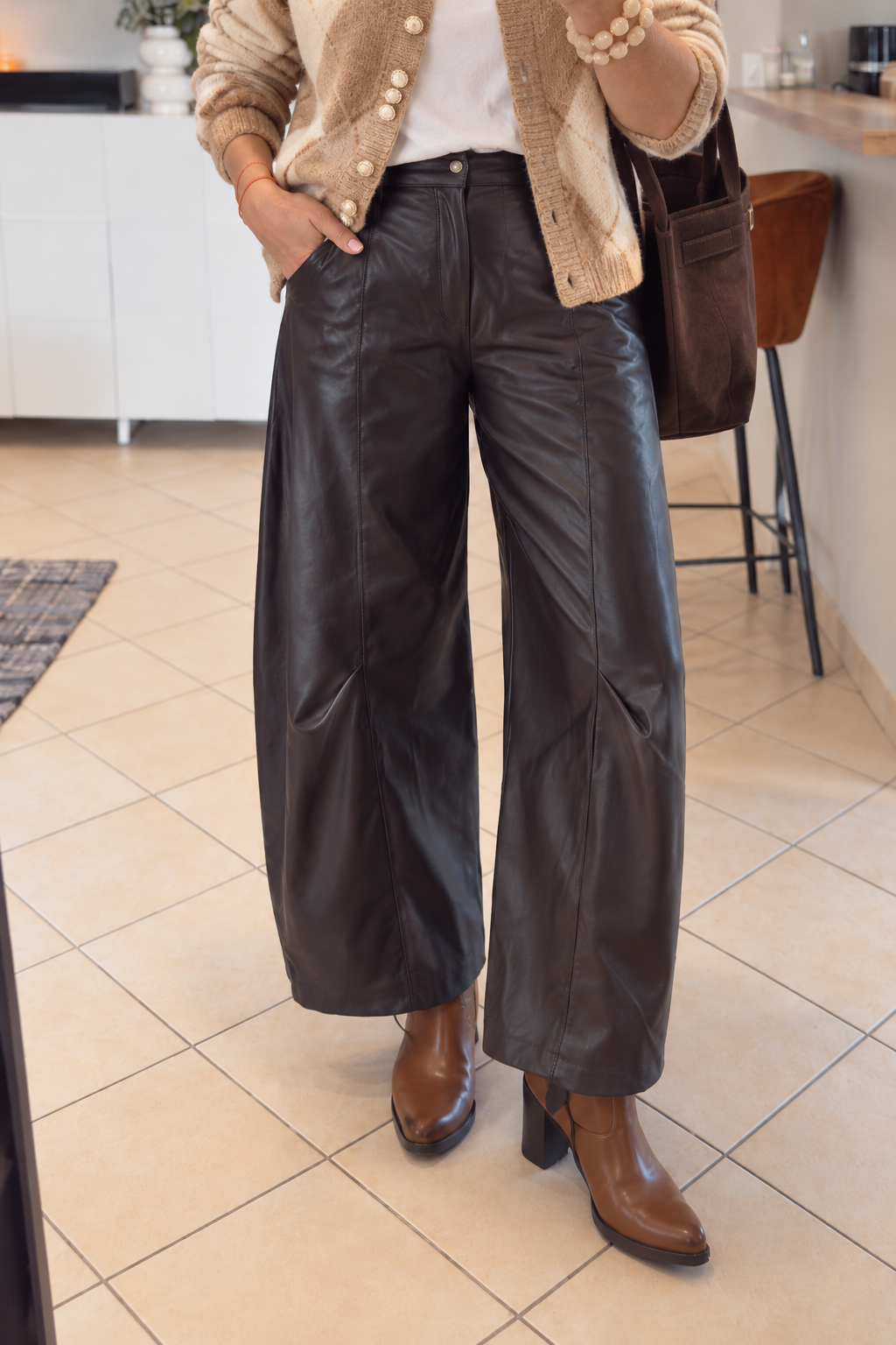 pantalon simili cuir barrel femme