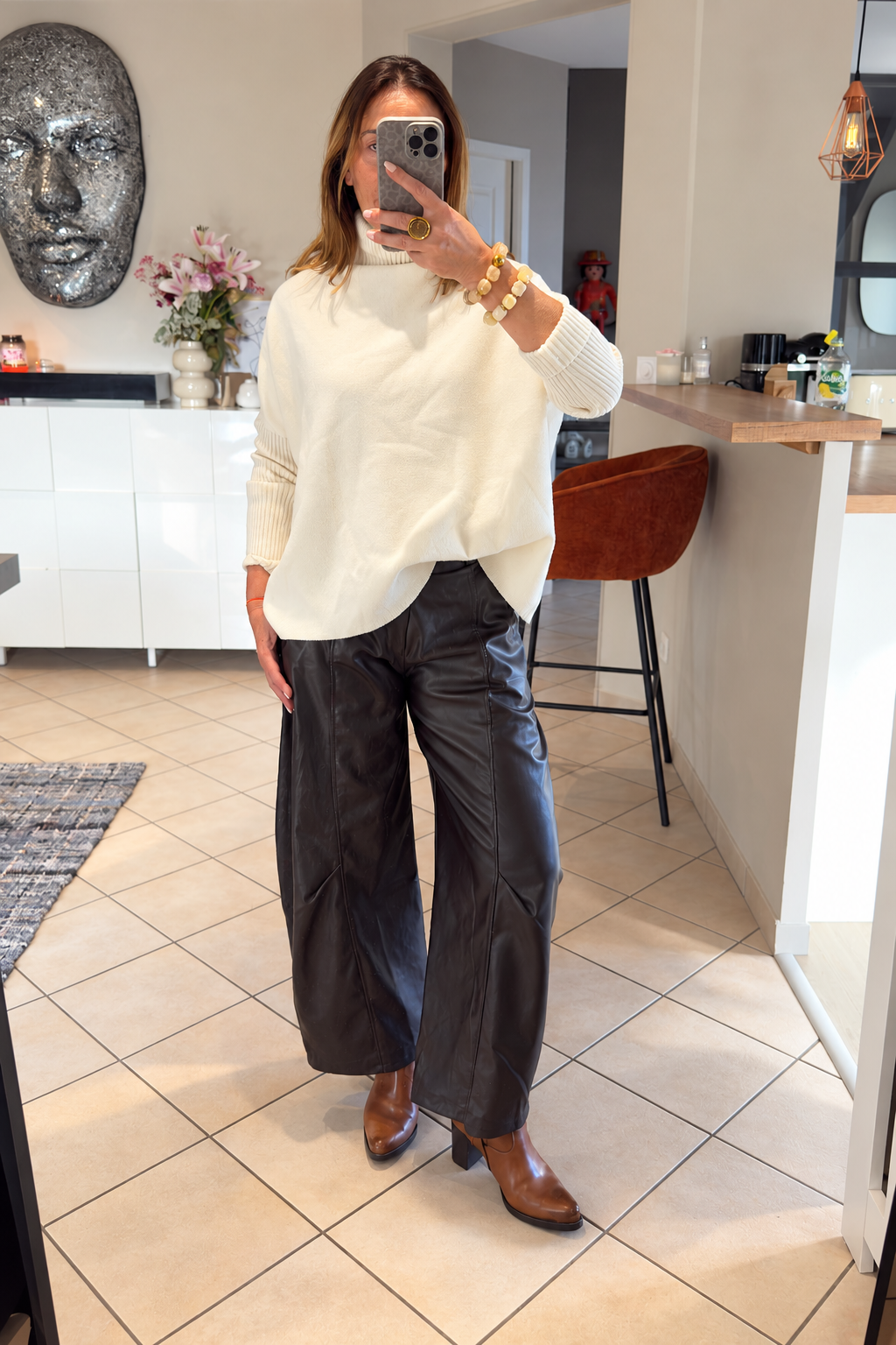 pantalon simili cuir barrel femme