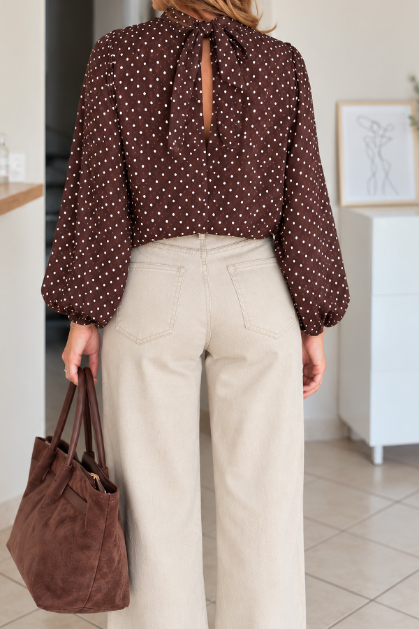 Blouse marron chocolat à pois