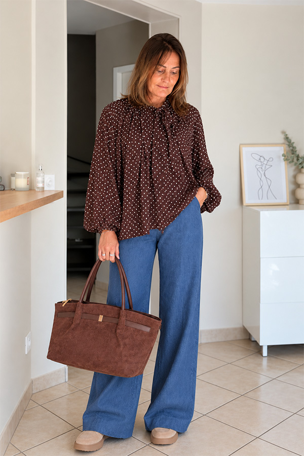 Blouse marron chocolat à pois