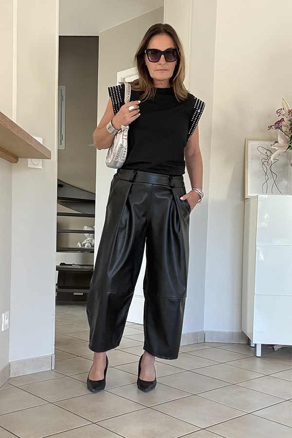pantalon simili cuir coupe barrel femme